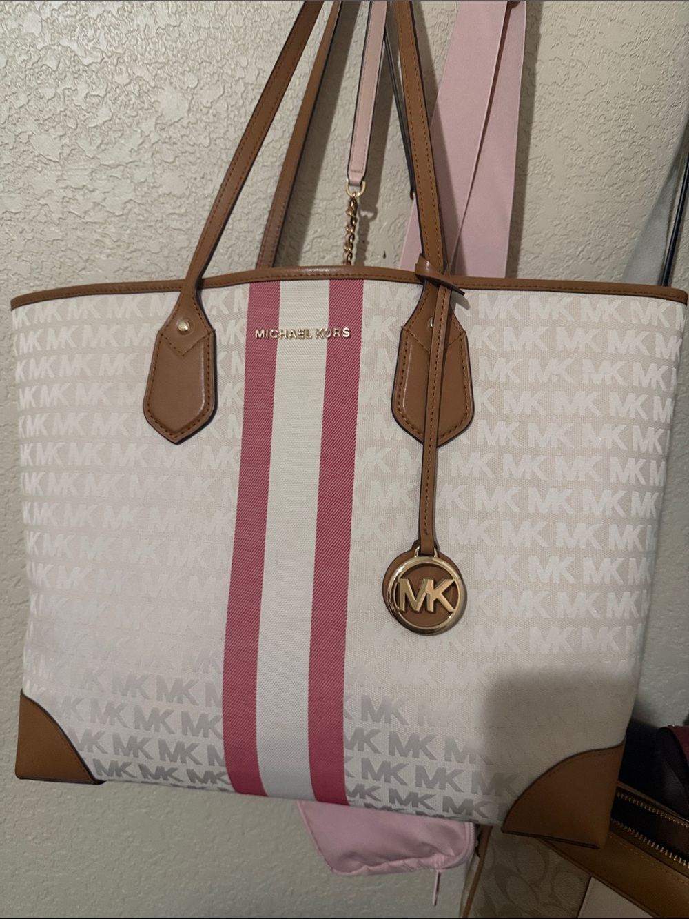 Michael Kors Cream Tote with Pink Stripe and Tan Trim